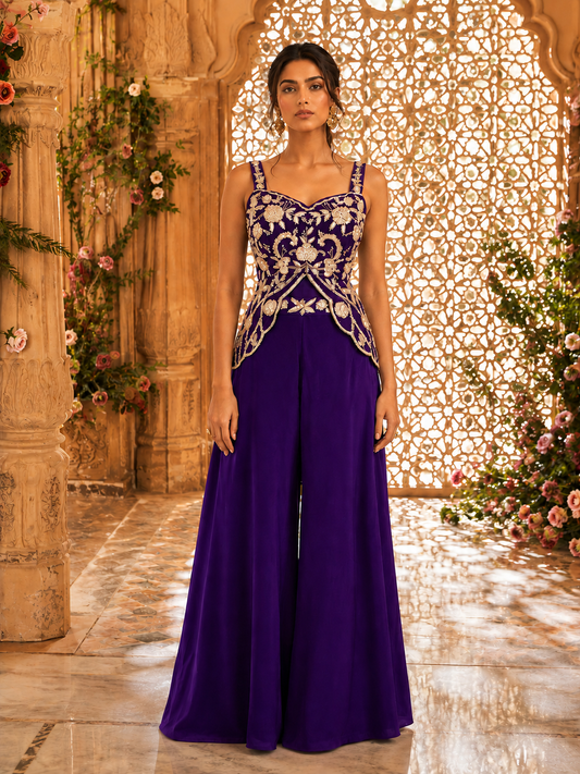 Purple Thread & Beadwork Embroidered Peplum Top with Palazzo Pants — Indo Western Set