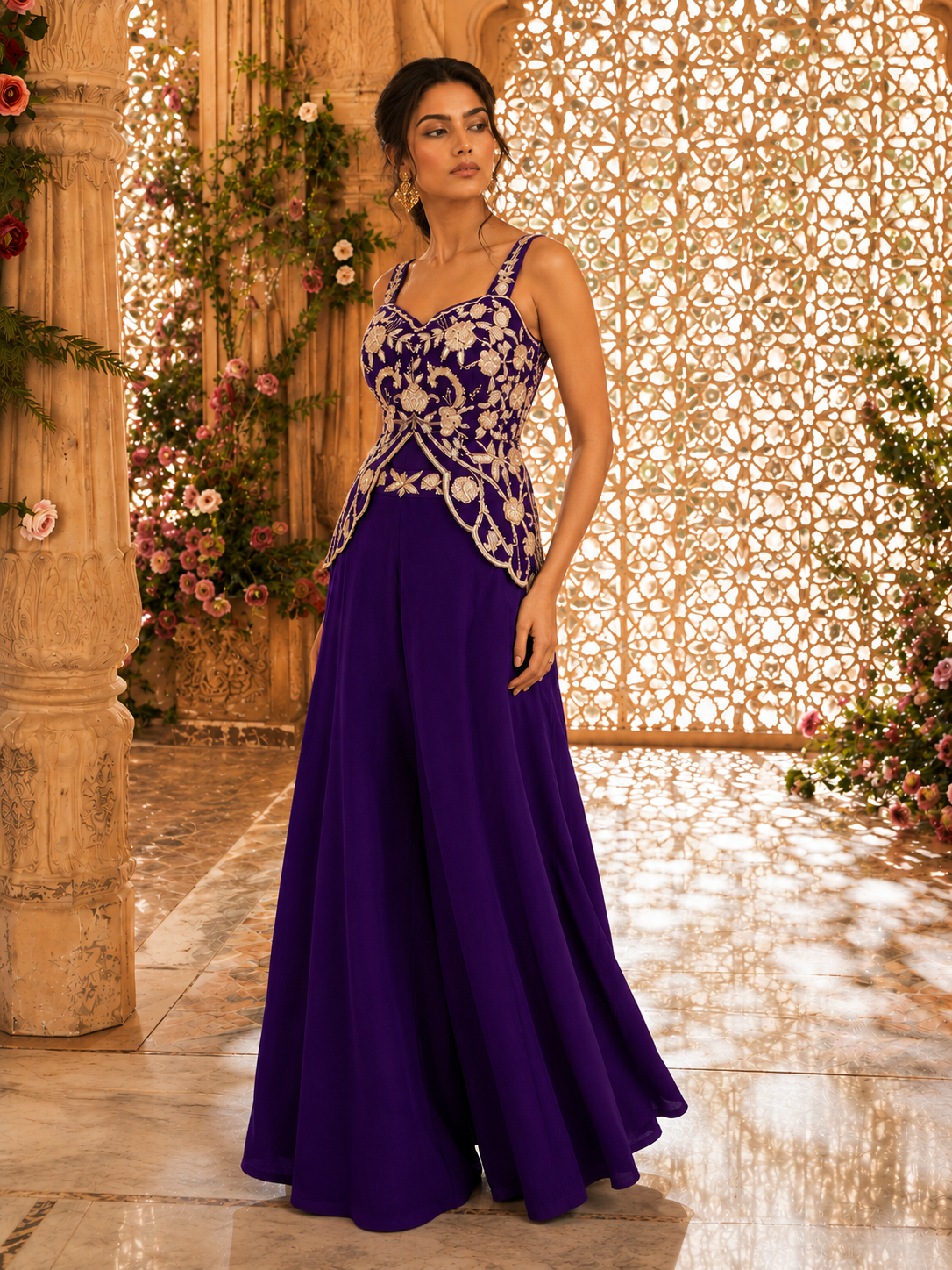 Purple Thread & Beadwork Embroidered Peplum Top with Palazzo Pants — Indo Western Set