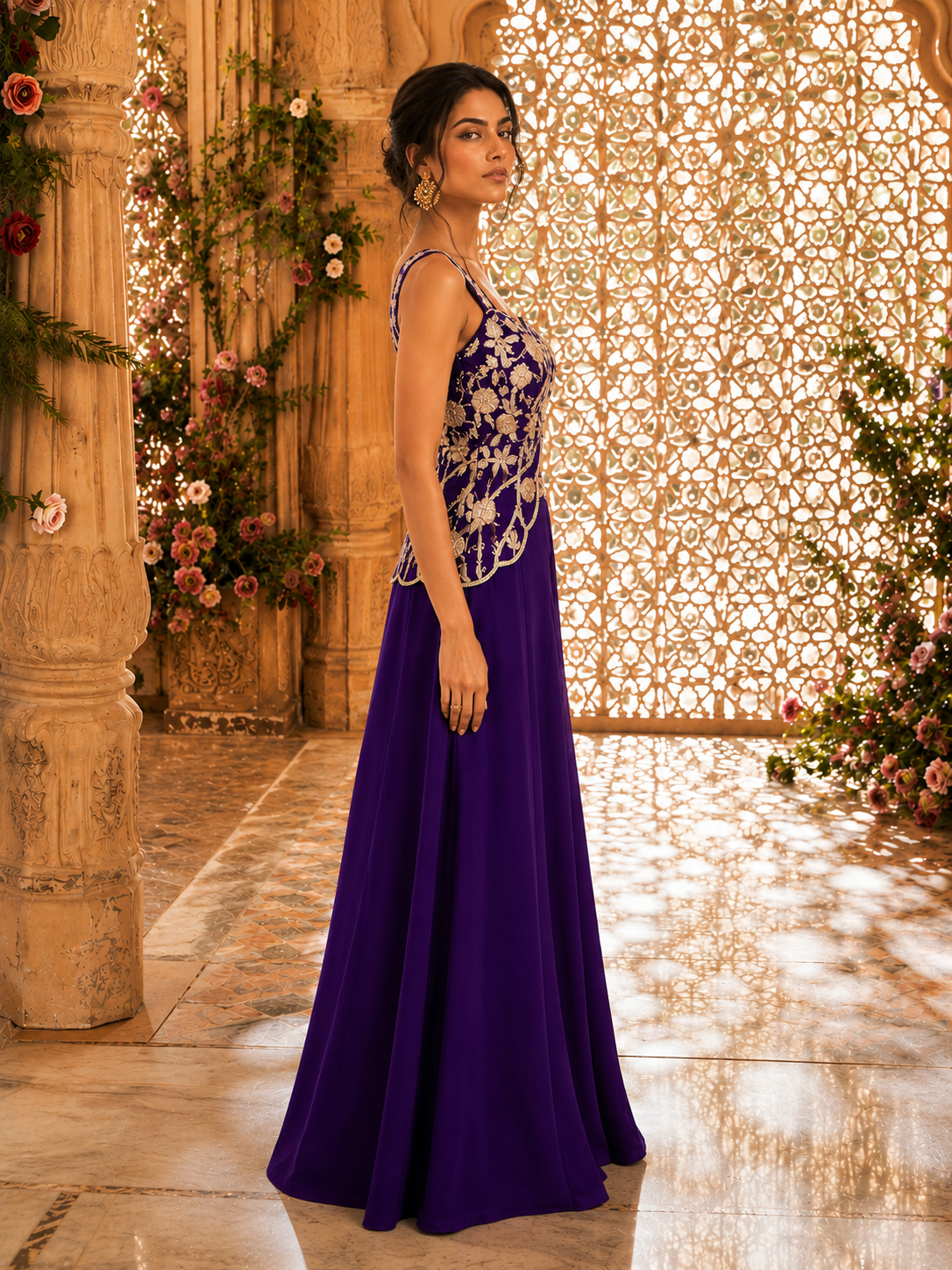 Purple Thread & Beadwork Embroidered Peplum Top with Palazzo Pants — Indo Western Set
