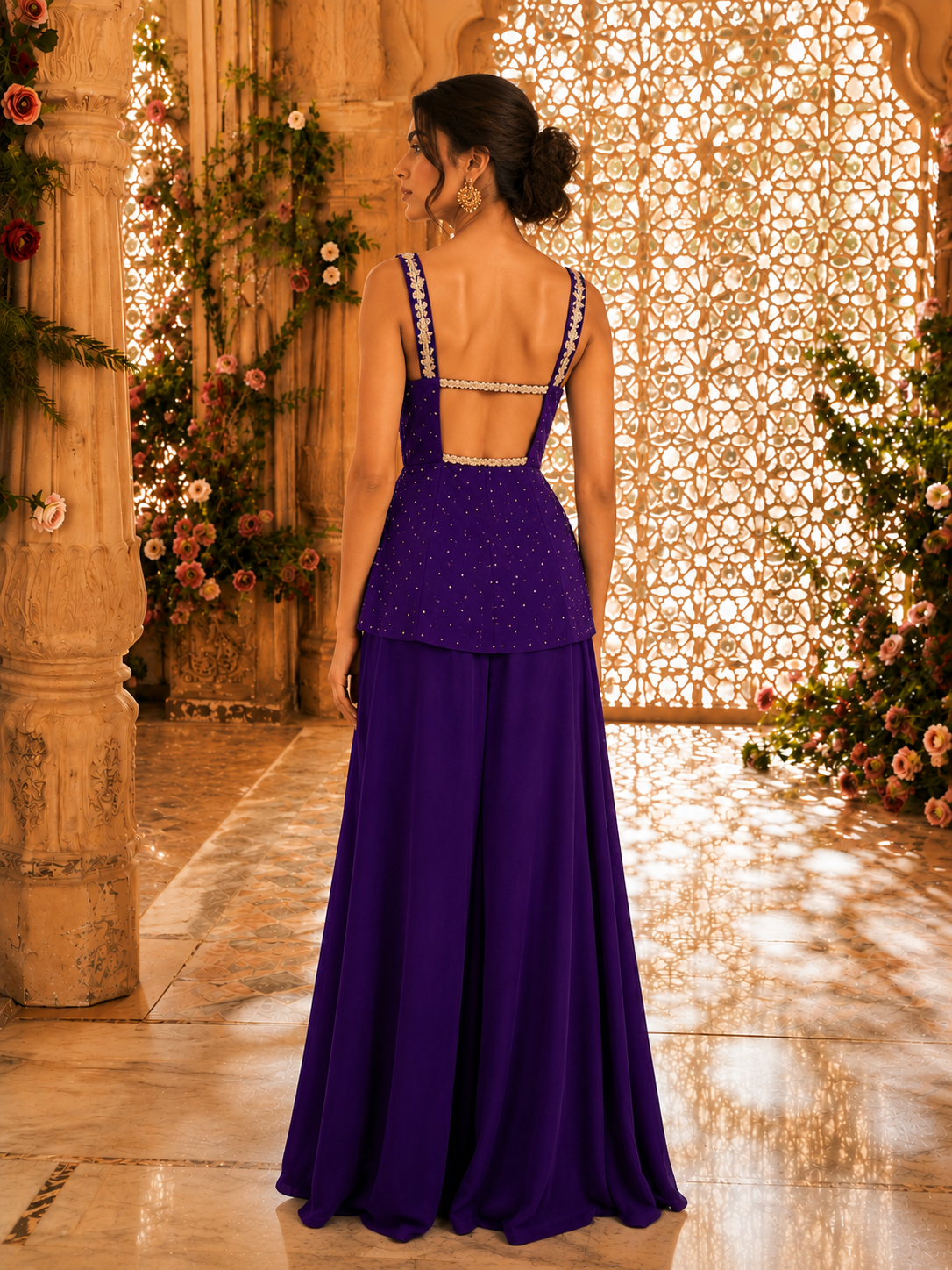 Purple Thread & Beadwork Embroidered Peplum Top with Palazzo Pants — Indo Western Set