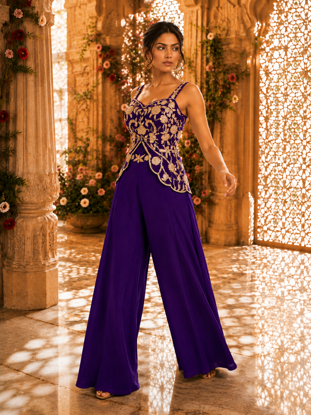 Purple Thread & Beadwork Embroidered Peplum Top with Palazzo Pants — Indo Western Set