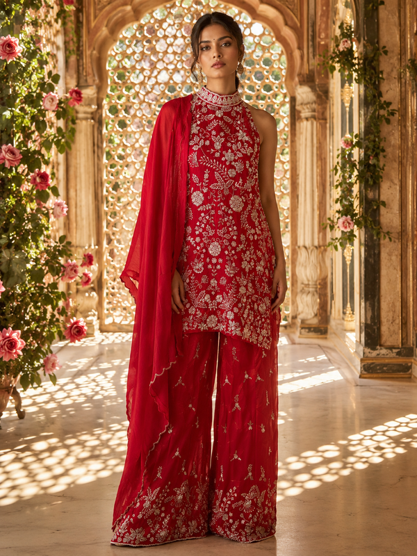 Red Thread & Beadwork Embroidered Halter Kurta with Sharara & Dupatta — Festive Set