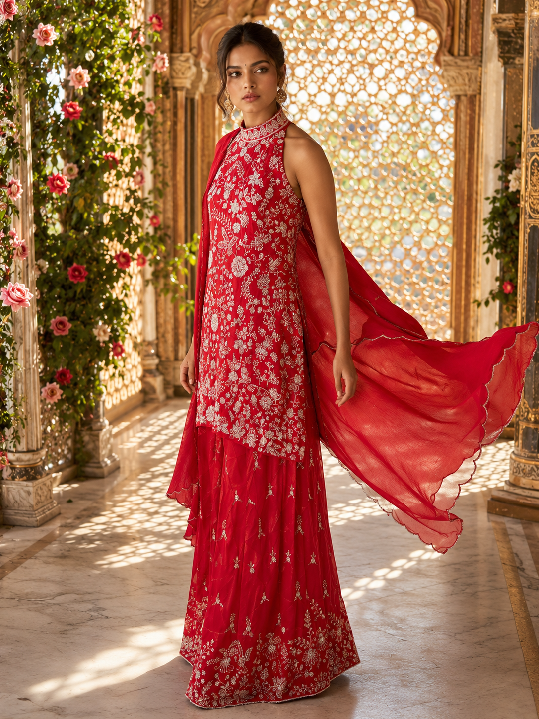 Red Thread & Beadwork Embroidered Halter Kurta with Sharara & Dupatta — Festive Set
