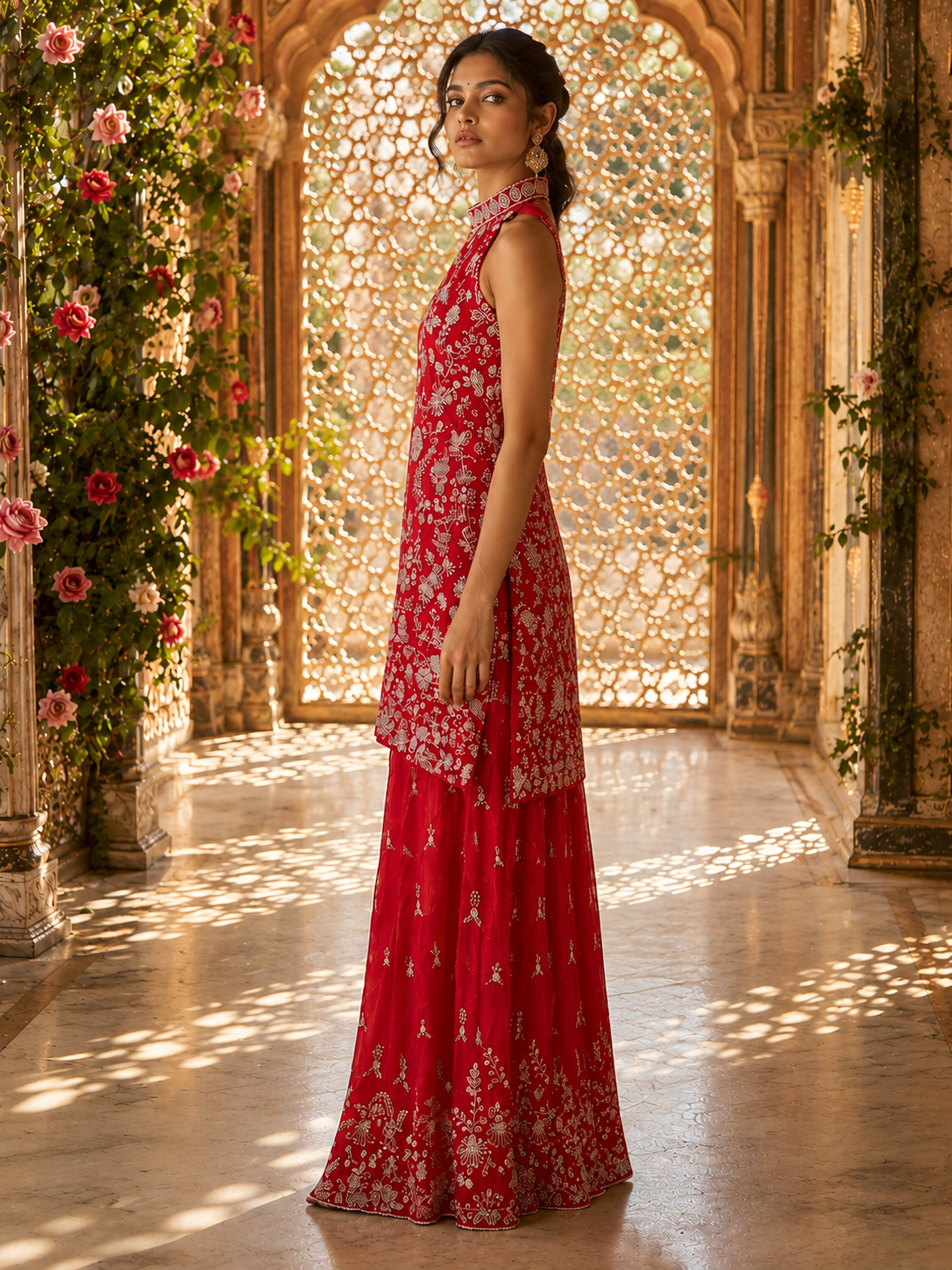 Red Thread & Beadwork Embroidered Halter Kurta with Sharara & Dupatta — Festive Set