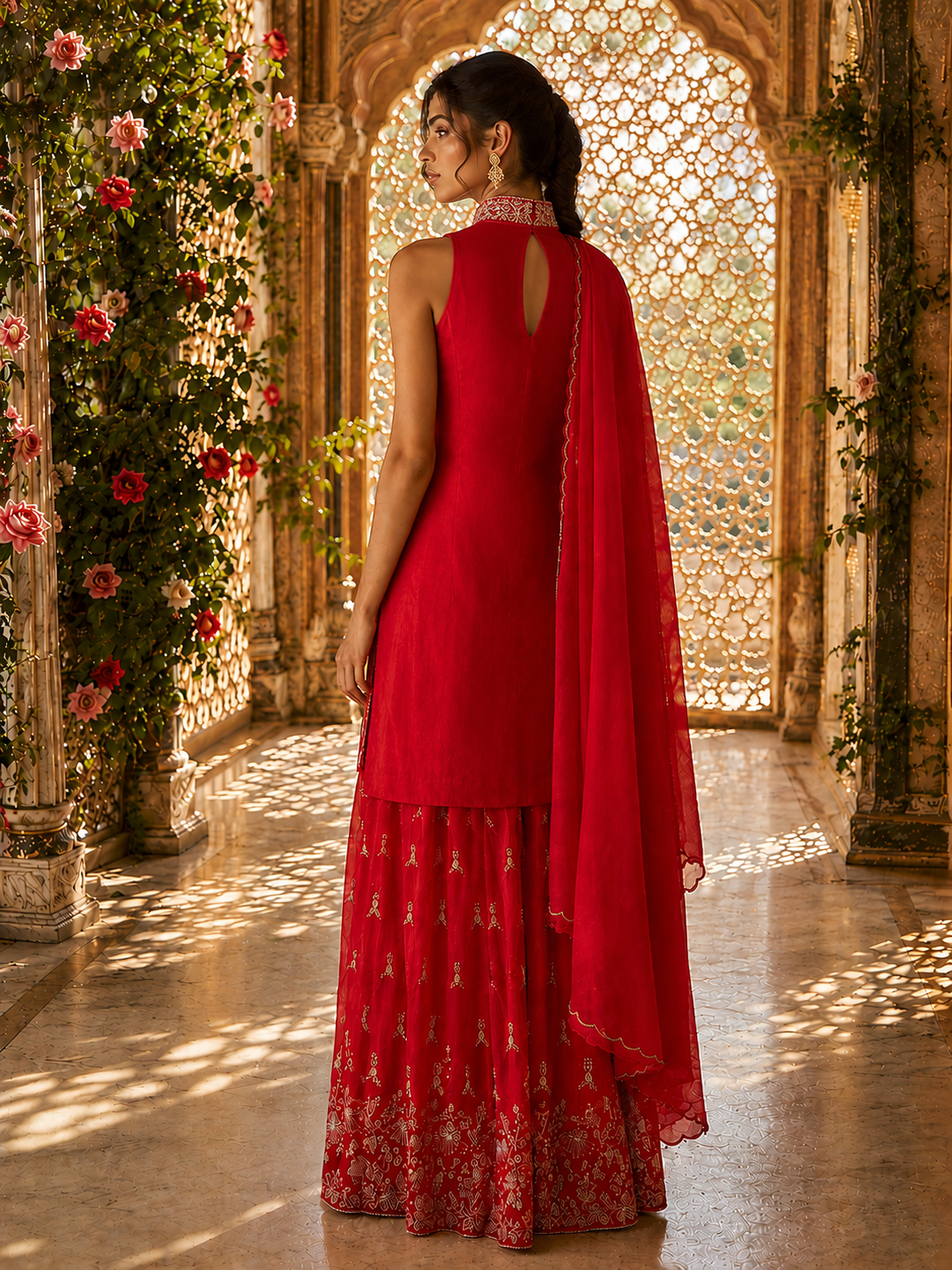 Red Thread & Beadwork Embroidered Halter Kurta with Sharara & Dupatta — Festive Set