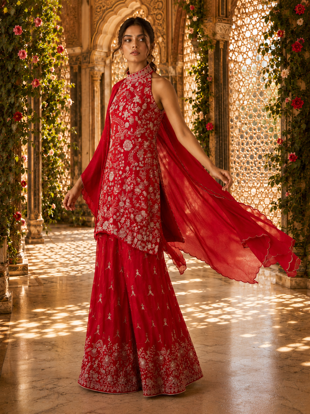 Red Thread & Beadwork Embroidered Halter Kurta with Sharara & Dupatta — Festive Set