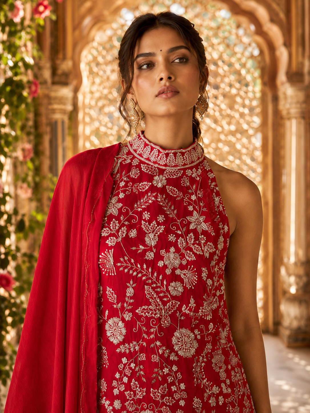 Red Thread & Beadwork Embroidered Halter Kurta with Sharara & Dupatta — Festive Set