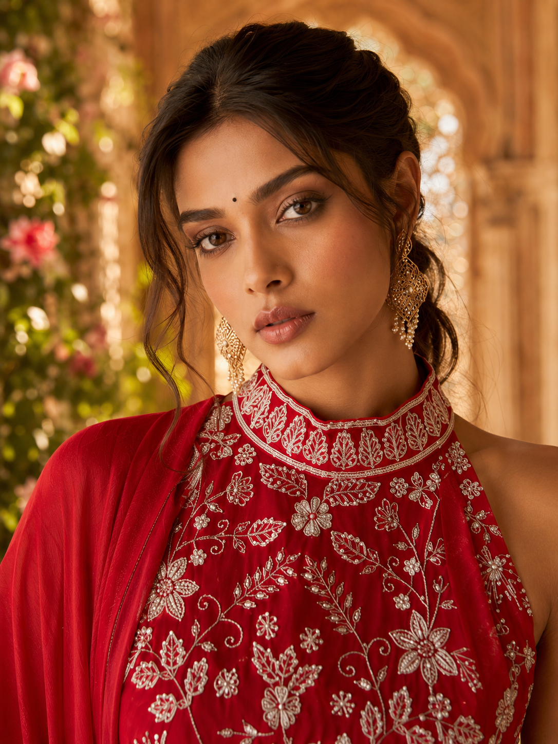 Red Thread & Beadwork Embroidered Halter Kurta with Sharara & Dupatta — Festive Set