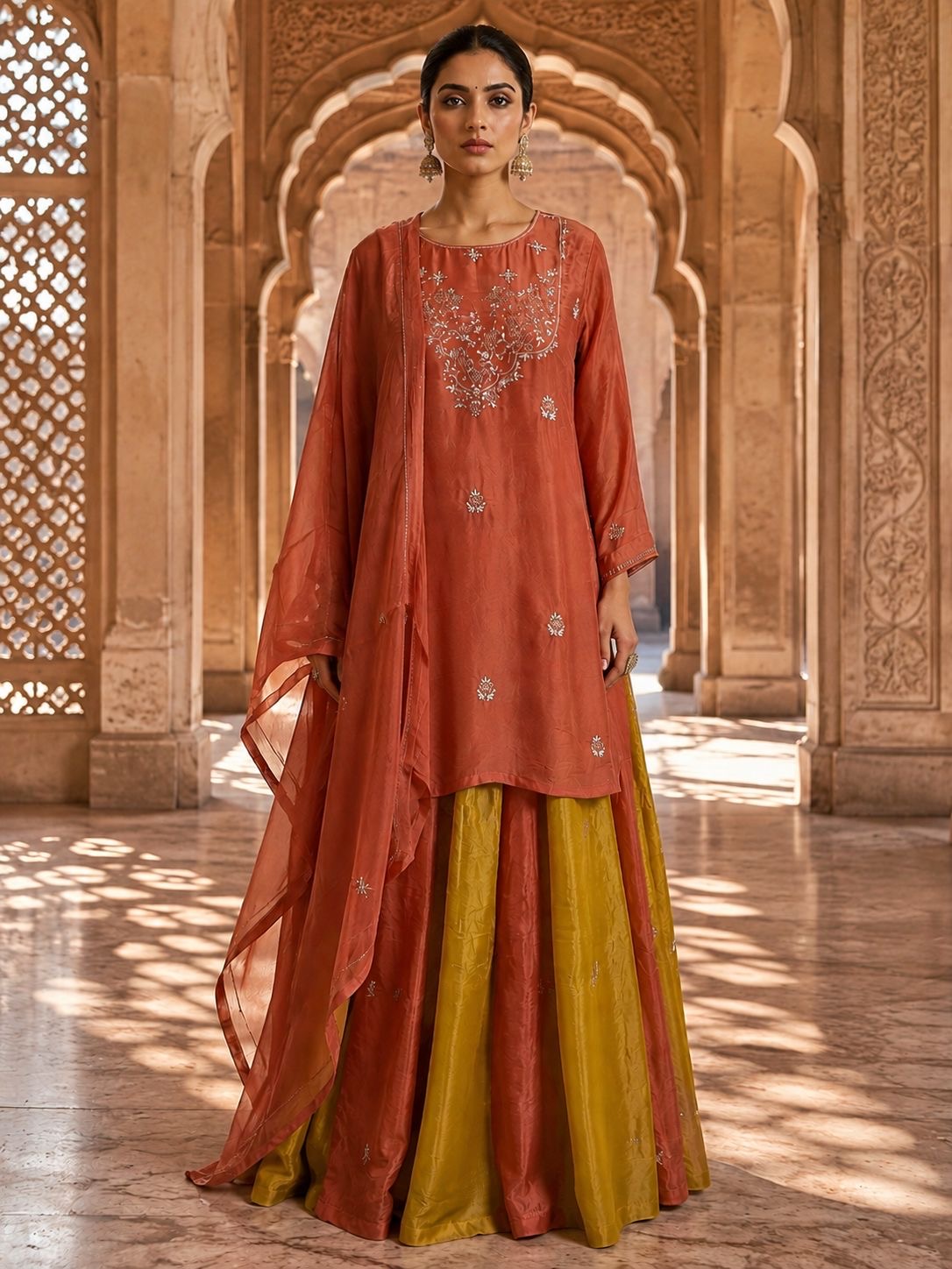 Rust & Mustard Two-Toned Silk Chanderi Kurta Set with Skirt & Dupatta