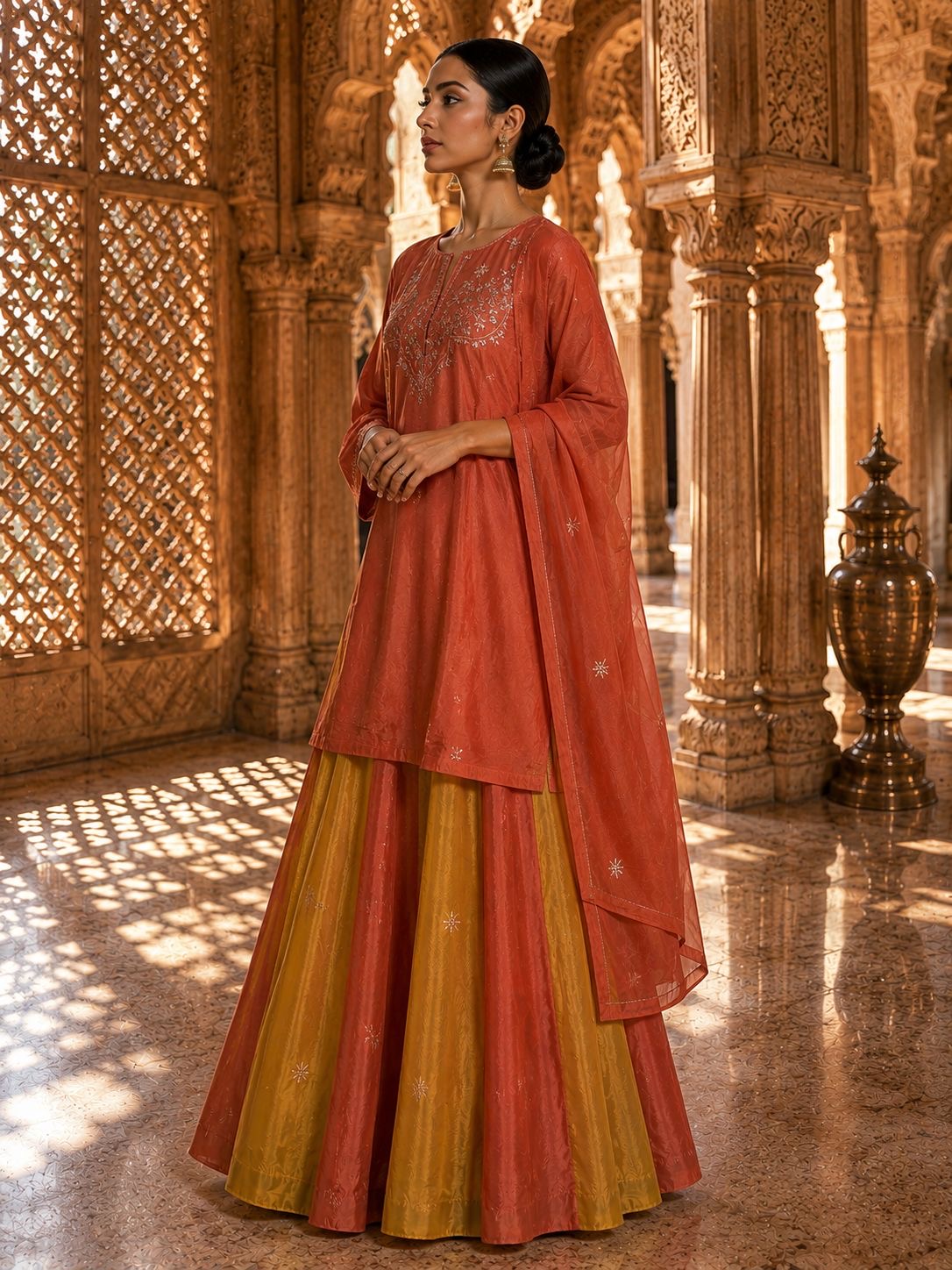 Rust & Mustard Two-Toned Silk Chanderi Kurta Set with Skirt & Dupatta
