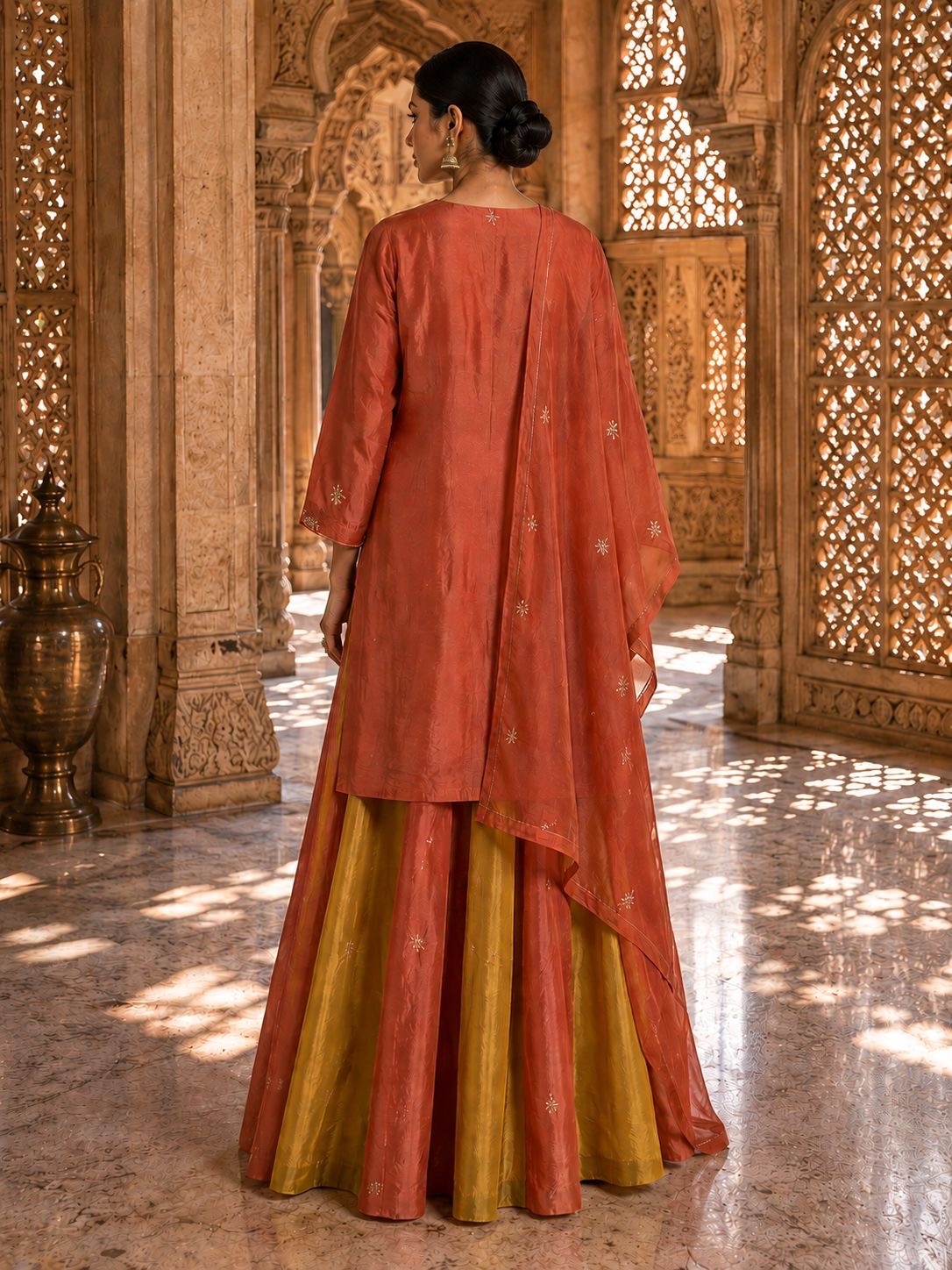 Rust & Mustard Two-Toned Silk Chanderi Kurta Set with Skirt & Dupatta
