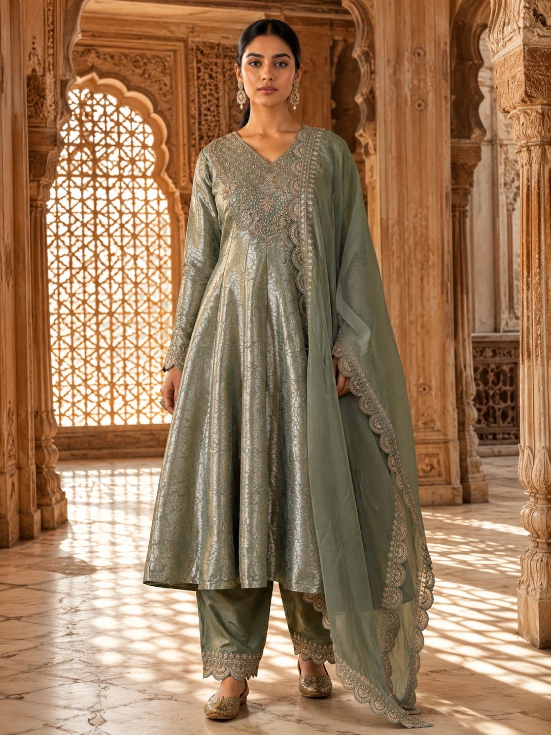 Sage Green Brocade Anarkali Kurta Set with Scalloped Dupatta & Pants
