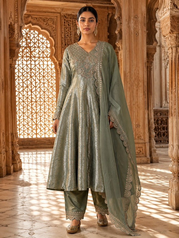 Sage Green Brocade Anarkali Kurta Set with Scalloped Dupatta & Pants
