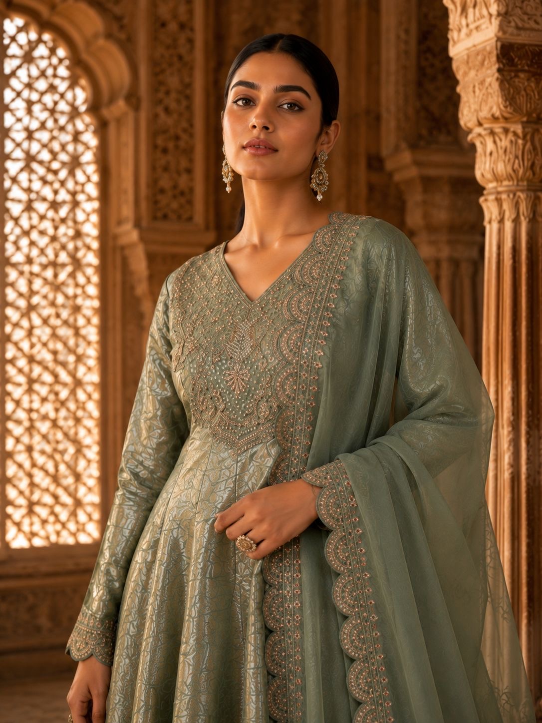 Sage Green Brocade Anarkali Kurta Set with Scalloped Dupatta & Pants