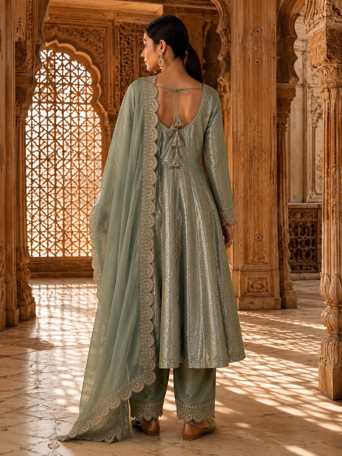Sage Green Brocade Anarkali Kurta Set with Scalloped Dupatta & Pants
