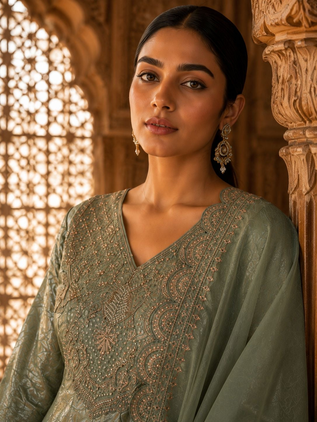 Sage Green Brocade Anarkali Kurta Set with Scalloped Dupatta & Pants